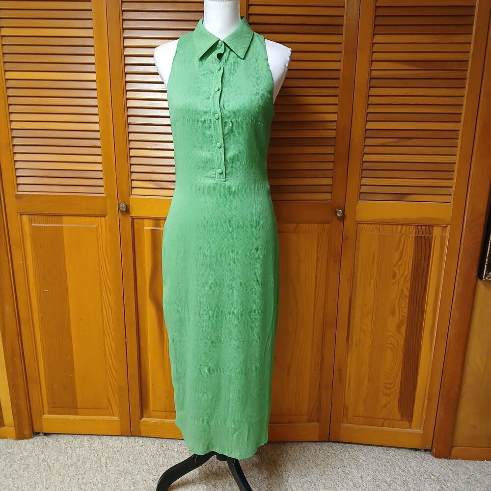 Camila Coelho Monica Crinkled Green Sleeveless Midi Shirt Dress Size Medium - Picture 3 of 12
